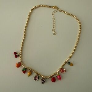 Gold Beaded Necklace with Colorful Fruit Charms